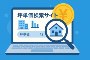 パソコン画面に坪単価検索サイトが表示されているイラスト。背景には円マーク、虫眼鏡、グラフ、建物などのアイコンが並ぶ。